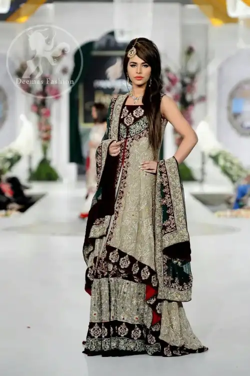 Fawn Front Open Back Trail Gown - Embroidered Lehenga - Bottle Green Dupatta