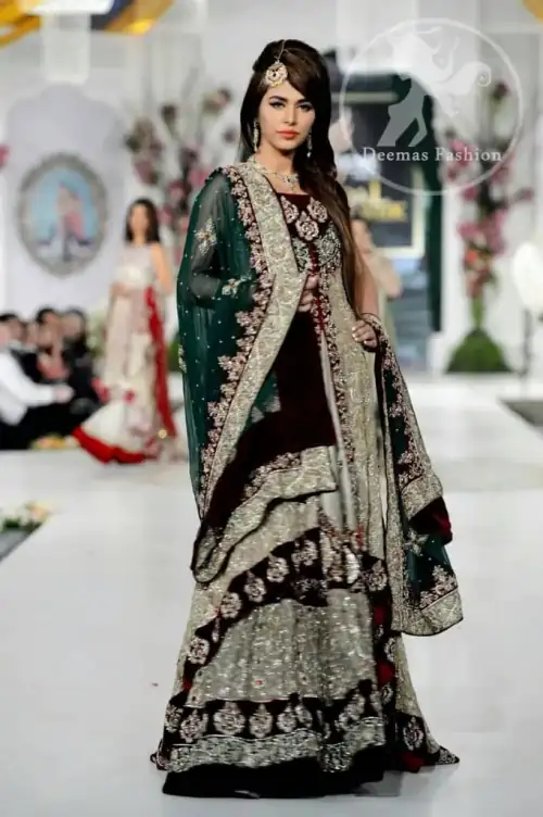 Fawn Front Open Back Trail Gown - Embroidered Lehenga - Bottle Green Dupatta