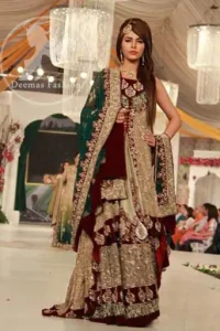 Fawn Front Open Back Trail Gown - Embroidered Lehenga - Bottle Green Dupatta