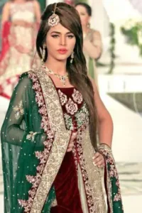 Fawn Front Open Back Trail Gown - Embroidered Lehenga - Bottle Green Dupatta