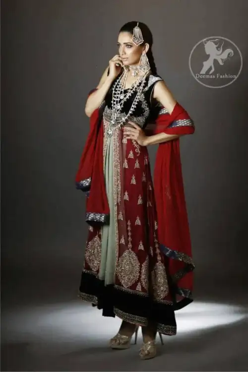 Deep Red Light Green Back Trail Gown with embroidered velvet bodice