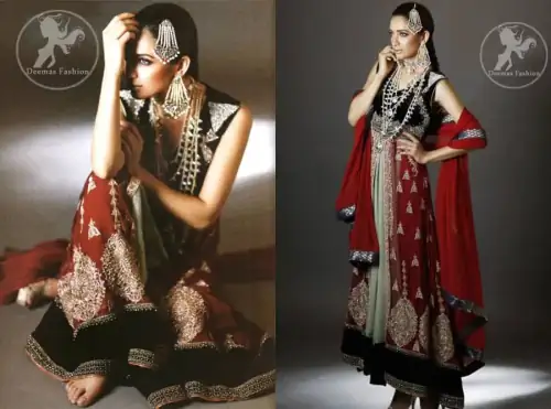 Deep Red Light Green Back Trail Gown with embroidered velvet bodice