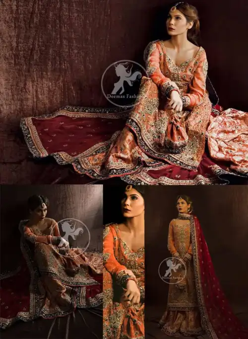 Rust bridal shirt - Maroon Dupatta - Brocade Sharara