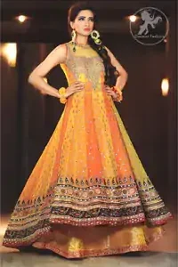 Yellow Orange Back Trail Frock Lehnga