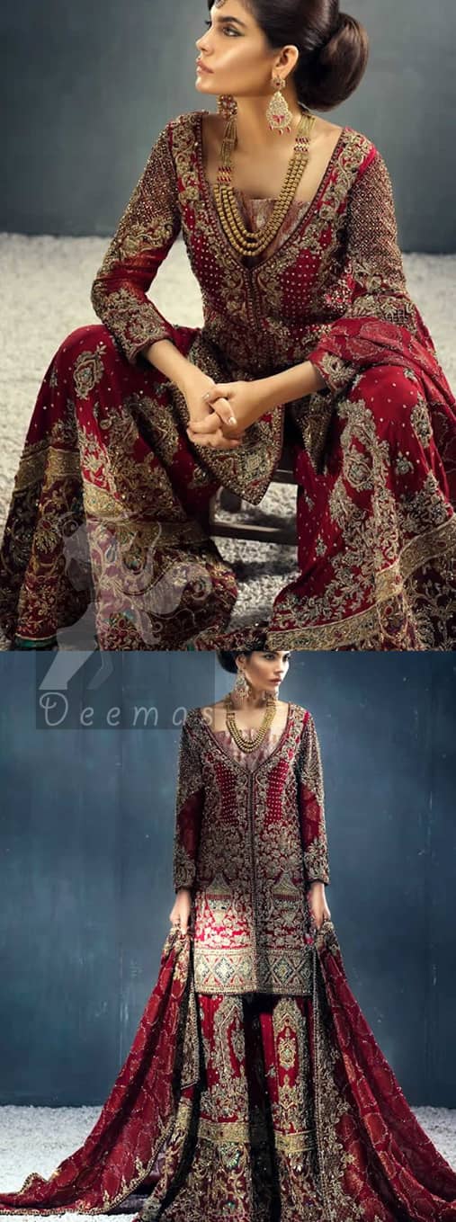 Deep Red Heavy Shirt Sharara Dupatta for Barat