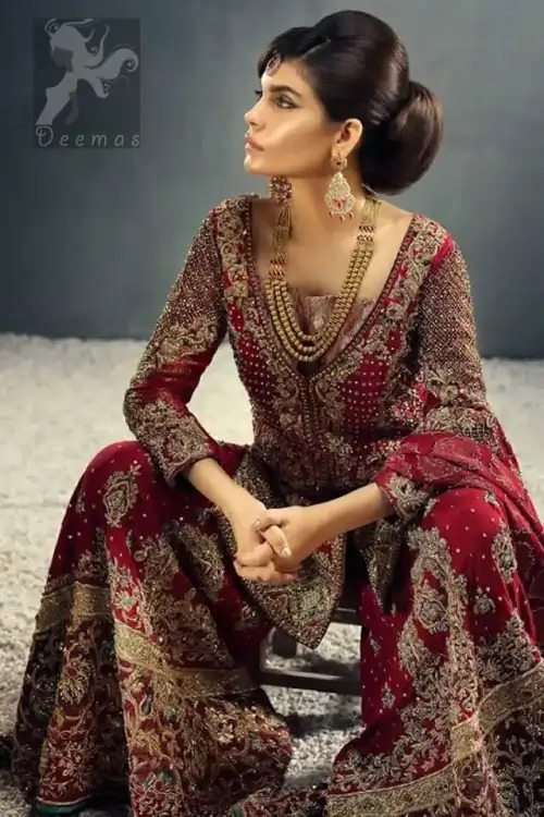 Latest Deep Red Heavy Bridal Barat Occasion Shirt having Sharara and Dupatta