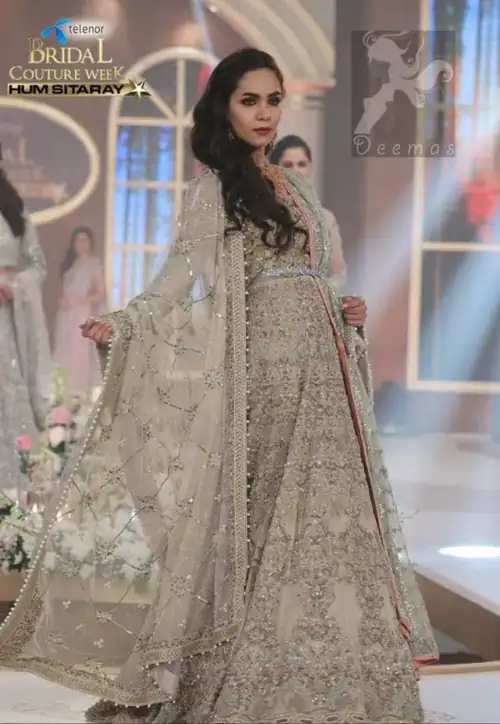 Light fawn pure chiffon dress with stunning embellishment on the blouse, lehenga, and dupatta. The dupatta contains a border on