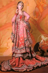 Peach Red Double Layer Front Open Gown Lehenga