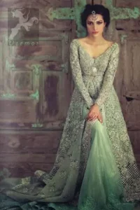 Mint Front Open Heavily Embroidered Bridal Gown With Back Trail Lehenga