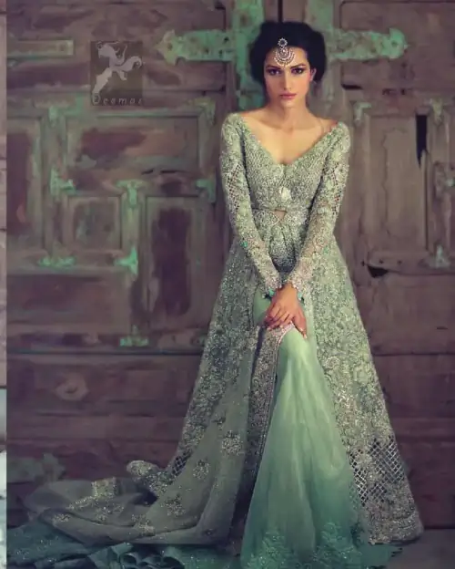 Mint Green Front Open Heavy Embroidery Gown For Bride With Back Trail Lehenga and Dupatta
