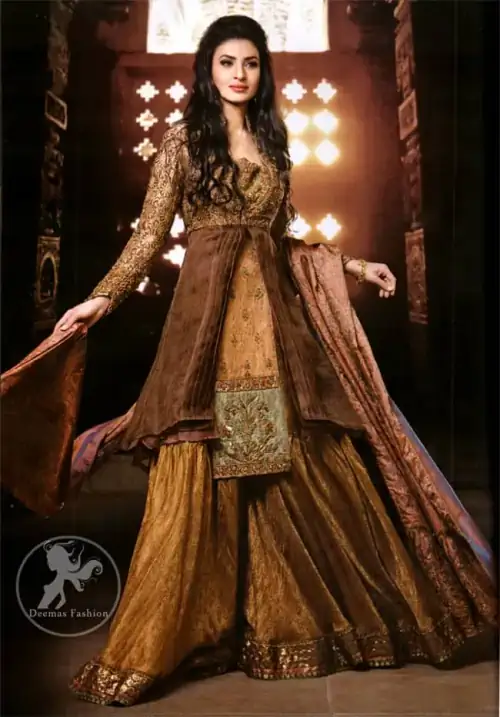 Brown Party Wear Short Shirt - Jacket - Sharara