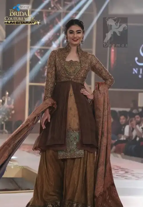 Brown Party Wear Short Shirt - Jacket - Sharara