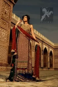 Deep Red Double layer Shirt and Dupatta with Royal Blue Lehenga