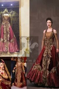 Deep Red Golden Double Layer Front Open Dress