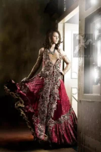 Latest Designer Wear Deep Red and Golden Double Layer Front Open Long Bridal Dress