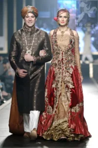 Golden and Deep Red Double Layer Front Open Long Bridal Wear