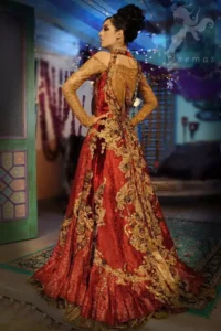 Deep Red Golden Double Layer Front Open Bridal Dress - Image 19