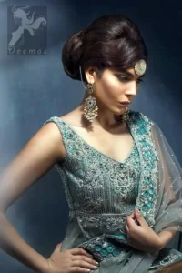 Designer Wear Wedding Dress Light Grey Double Layer Back Trail Frock Lehenga Dupatta