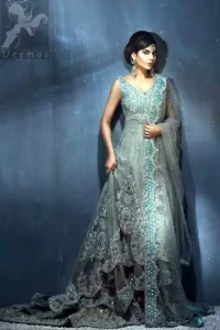 Light Grey Double Layer Back Trail Frock Lehenga - Image 6