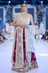 Ivory Bridal Blouse Gown and Dupatta with Deep Red Lehenga