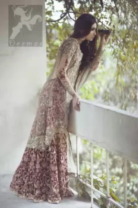 Beige Front Open Back Trail Gown - Deep Red Banarsi Skirt