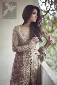 Beige Front Open Back Trail Bridal Fashion Wear Gown with Deep Red Banarsi Skirt