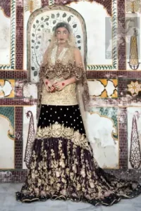 Light Golden Short Shirt - Two Tone Back Trail Lehenga