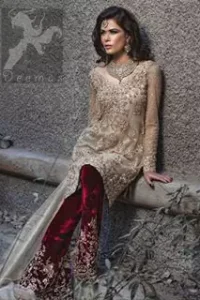 Light Golden Shirt - Deep Red Velvet Trouser and Organza Dupatta