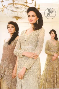 Latest Ivory White Formal Wear Front Open Gown with Embroidered Trouser