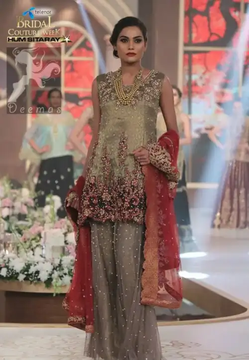 Designer Collection Wear Grayish Brown Short Shirt - Sharara - Red Dupatta