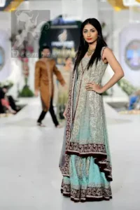 Light Blue Front Open Back Trail Gown - Bridal Lehenga