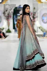 Light Blue Front Open Back Trail Gown - Bridal Lehenga