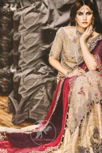 Light Fawn Long Shirt - Embroidered Lehenga - Deep Red Bridal Dupatta