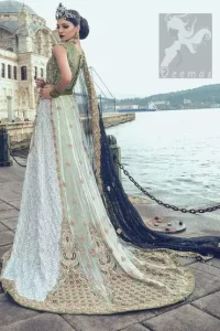 Mehndi Green Embroidered Blouse with White Back Trail Lehenga Dark Blue Dupatta