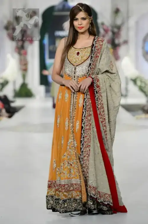 Latest Orange Mehndi Wear Front Open Gown Dupatta
