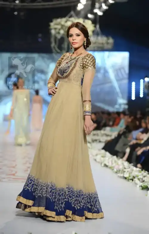 Pakistani Designer Wear Fawn Royal Blue Party Wear Maxi 2016