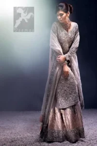 Silver Grey Front Open Gown - Organza Dupatta & Lehenga