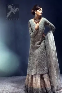 Silver Grey Front Open Gown - Organza Dupatta - Lehenga - Image 5