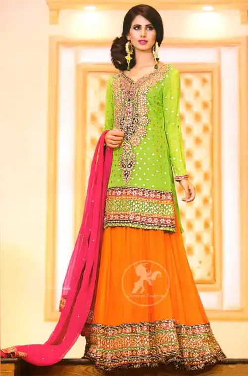 Bright Green Shirt Orange Lehenga Pink Dupatta for Mehndi Function
