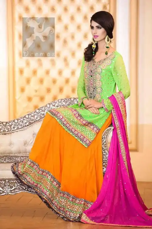 Pakistani Mehndi Wear Bright Green Shirt Orange Lehenga Pink Dupatta