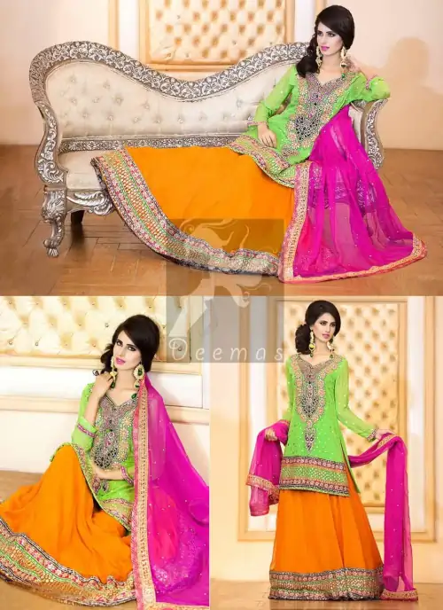 Bright Green Shirt With Orange Lehenga and Shocking Pink Dupatta. Best Dress for Mehndi Mayon Henna Function.