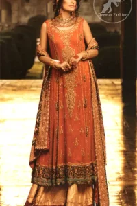 Rust A-line Bridal Frock Fawn Sharara Maroon Dupatta