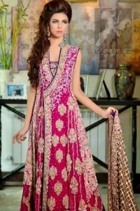 Shocking Pink Light Brown Angrakha Maxi - Embroidered Dupatta