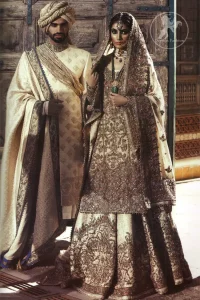 Pakistani Bridal Dress - Off-White Shirt Jamawar Lehenga Embroidered Dupatta