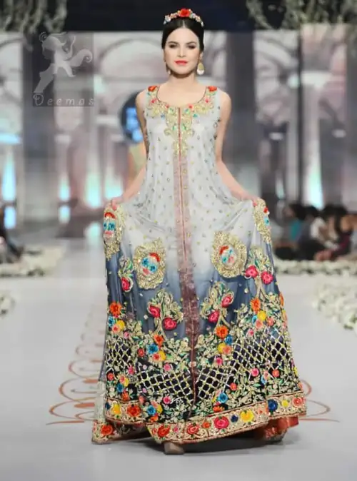 Designer Wear Bridal Pishwas - Triple Tone Front Open Maxi