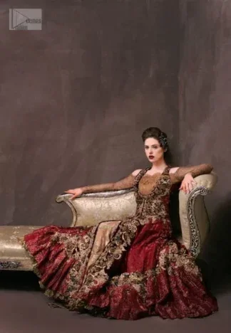 Deep Red Golden Double Layer Front Open Bridal Dress