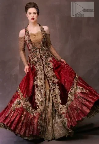 Deep Red Golden Double Layer Front Open Bridal Dress