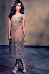 Light Brown Embroidered Long Shirt with Banarsi Cigarette Pants