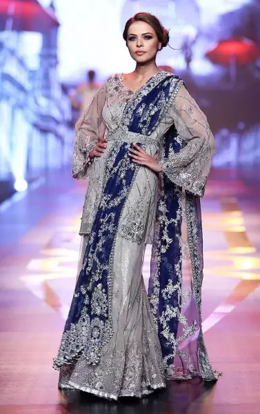 Silver Grey Bridal Dress - Short Shirt -Embroidered Sharara - Royal Blue Dupatta