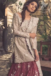 Fawn Bridal Wear Lehenga - Short Shirt - Dupatta - Deep Red Lehenga